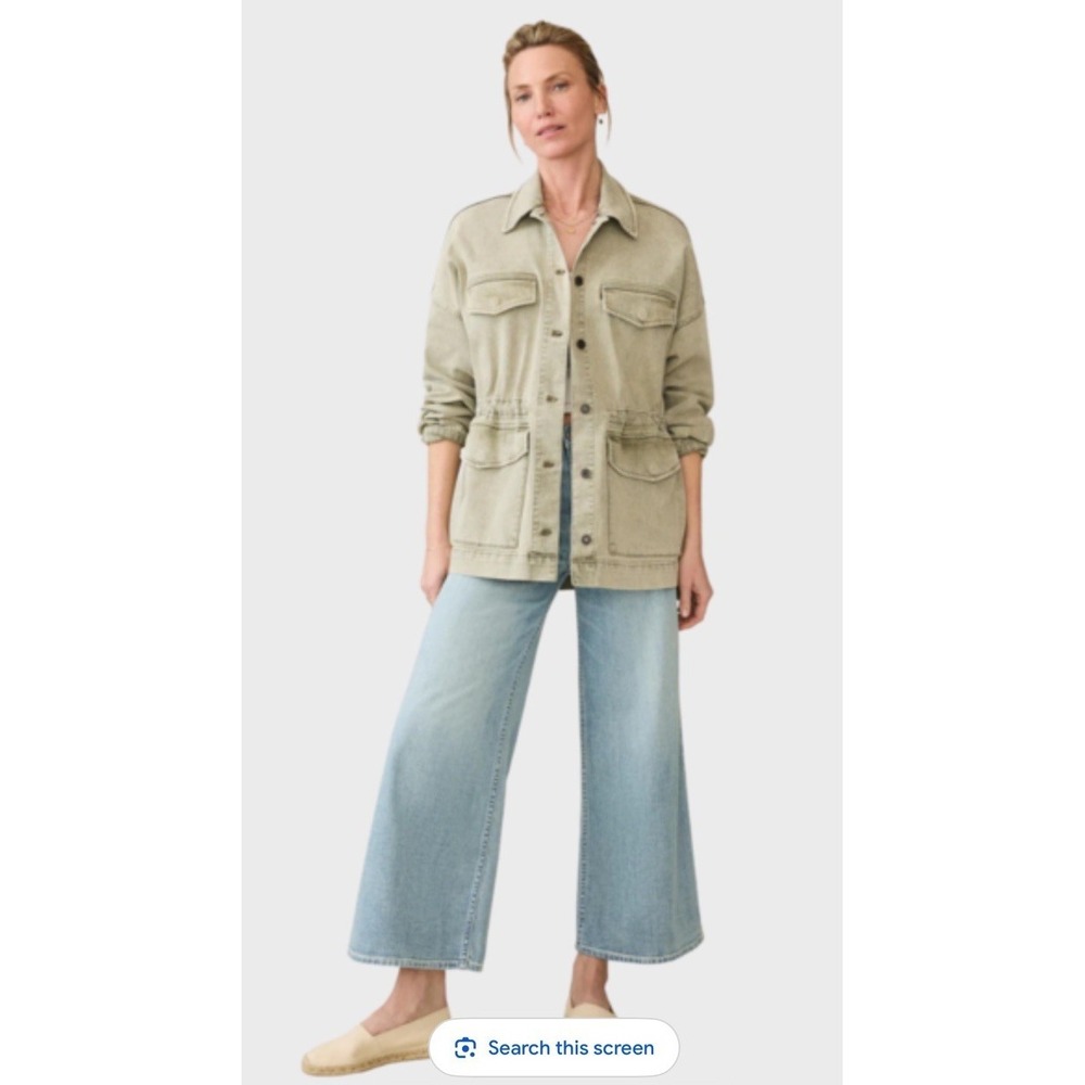 FAHERTY Women's Sunwashed Denim Utility Jacket Size Medium Olive‎ Haze Wash NWT